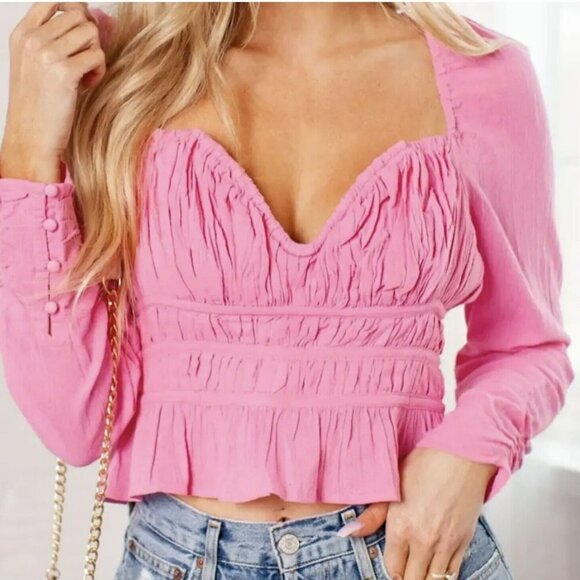 NWT Free People Chloe Top in Aurora Pink Sz XS Sweetheart Neckline Smocked Back - Picture 1 of 7